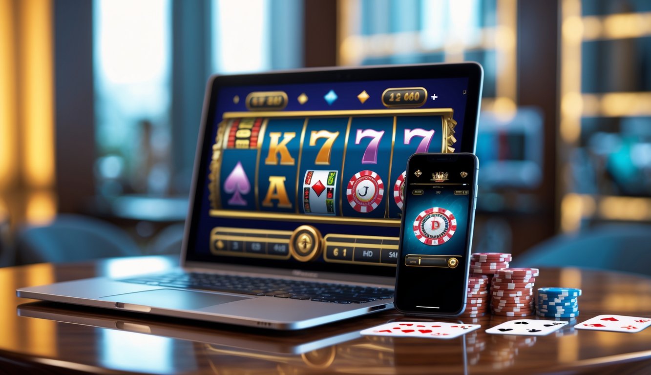 Seorang pengguna bermain game kasino online di laptop dan ponsel di atas meja kayu dengan latar belakang ruangan yang nyaman.