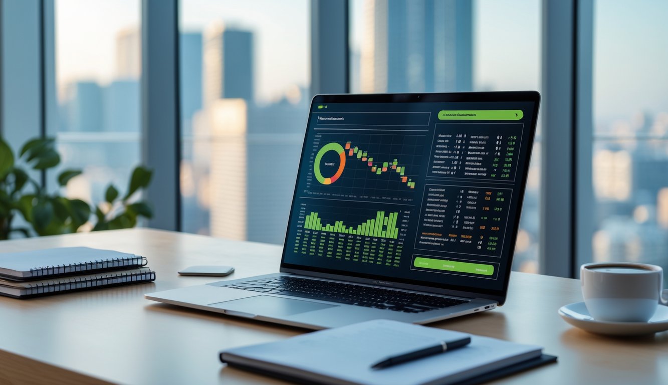 Meja kerja modern dengan laptop menampilkan data angka dan grafik, buku catatan, pena, dan secangkir kopi di atas meja kayu, dengan pemandangan kota di latar belakang.