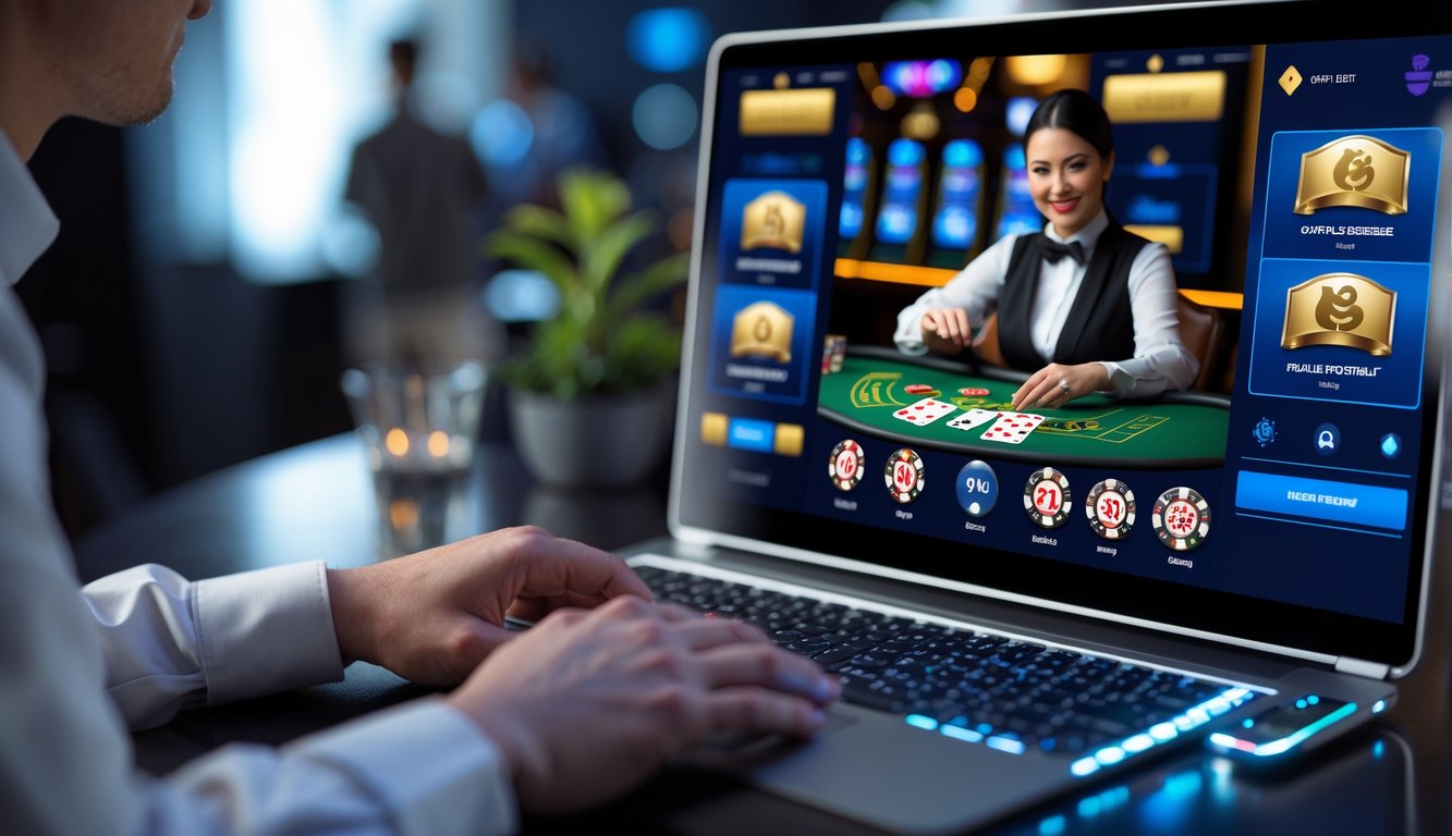 Seorang dealer profesional sedang membagikan kartu di meja kasino online dengan pemain yang menggunakan komputer dalam suasana yang nyaman dan modern.