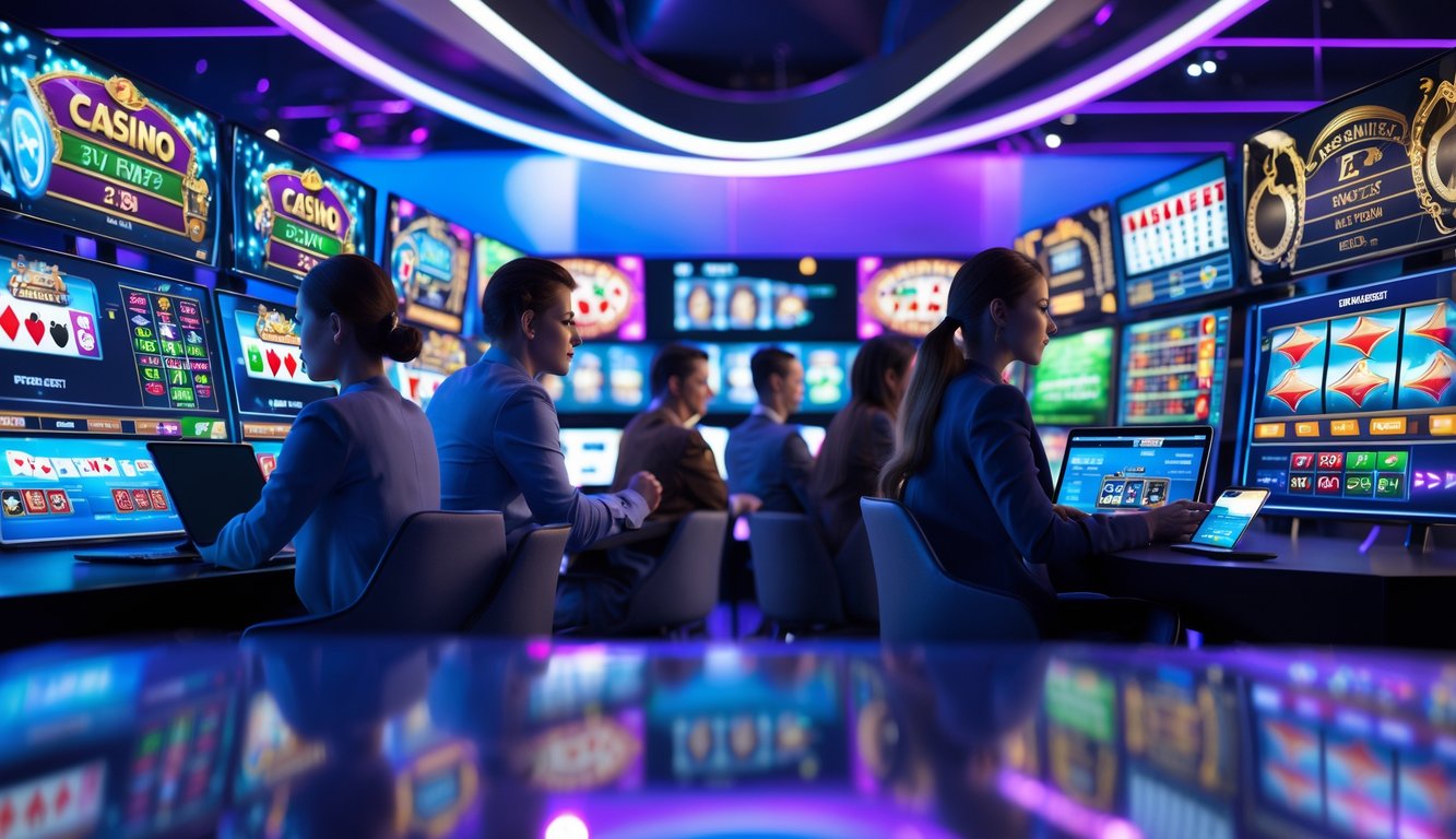 Beberapa orang sedang bermain permainan kasino online dengan perangkat digital di ruangan modern yang terang dan berwarna biru ungu.
