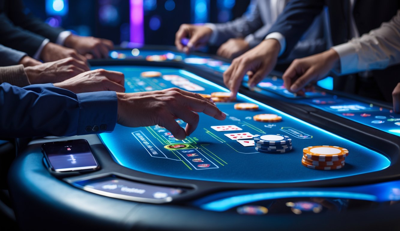 Meja kasino interaktif dengan layar sentuh yang menampilkan permainan responsif dan beberapa pemain yang sedang berinteraksi.