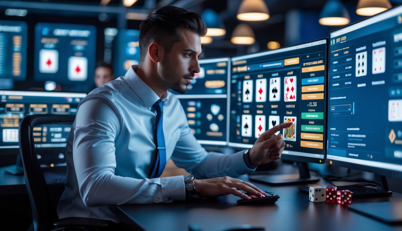 Seorang profesional di depan beberapa layar komputer yang menampilkan permainan kasino online dengan tumpukan chip dan kartu di meja.