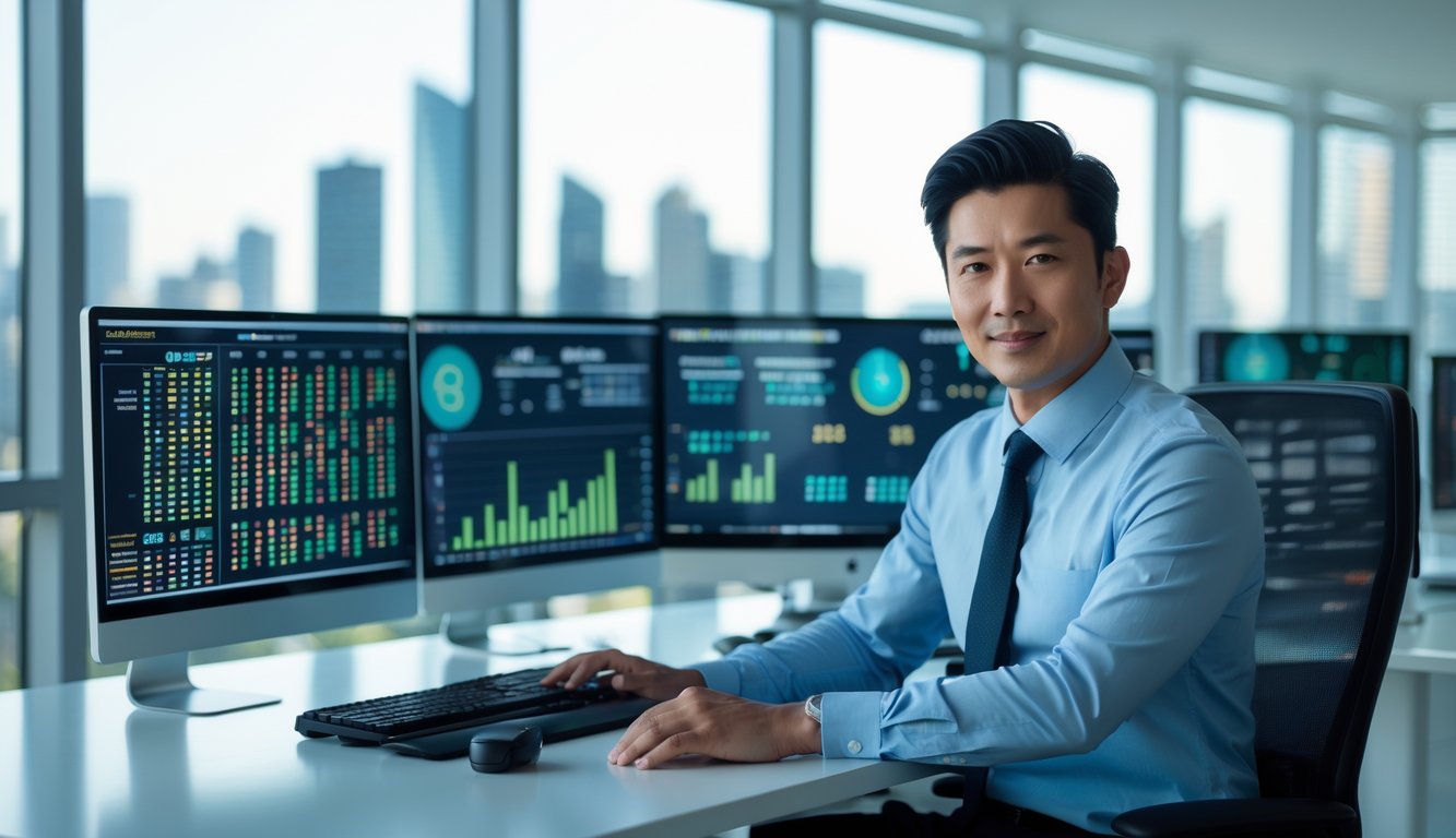 Seorang pria Asia duduk di meja kantor dengan beberapa layar komputer menampilkan data dan grafik angka, latar belakang kota Sydney terlihat melalui jendela besar.