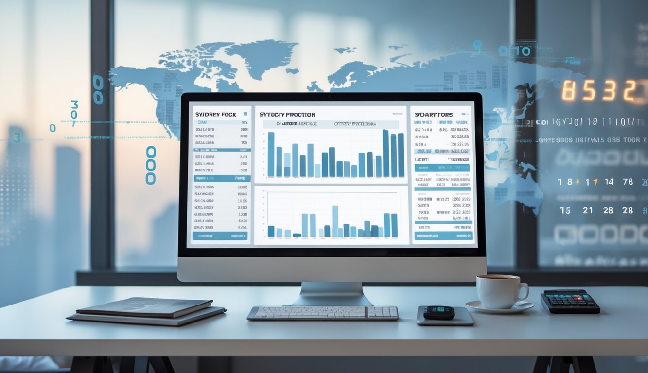 Meja kerja modern dengan komputer menampilkan grafik statistik dan alat tulis, menggambarkan aktivitas prediksi nomor togel Sydney.