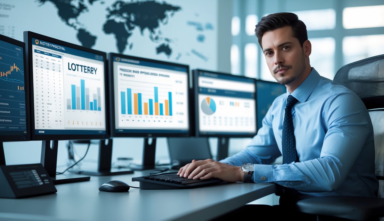 Seorang profesional bisnis sedang bekerja di meja dengan beberapa layar komputer yang menampilkan grafik dan data angka.