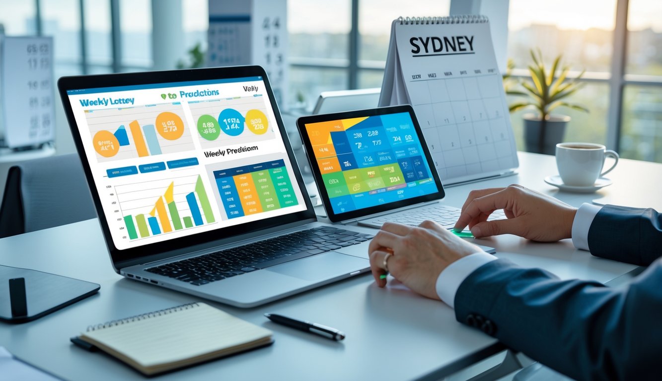 Sebuah meja kerja modern dengan perangkat digital menampilkan data prediksi togel mingguan, tangan seseorang sedang menganalisis dengan pena dan buku catatan di kantor yang terang.