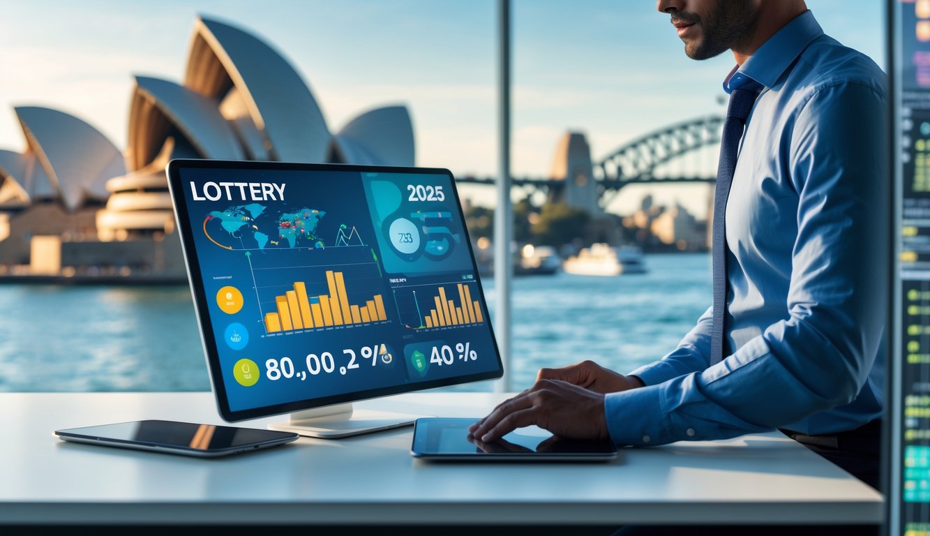 Seseorang di meja kerja modern sedang menganalisis data dengan latar belakang pemandangan kota Sydney dan landmark ikoniknya.