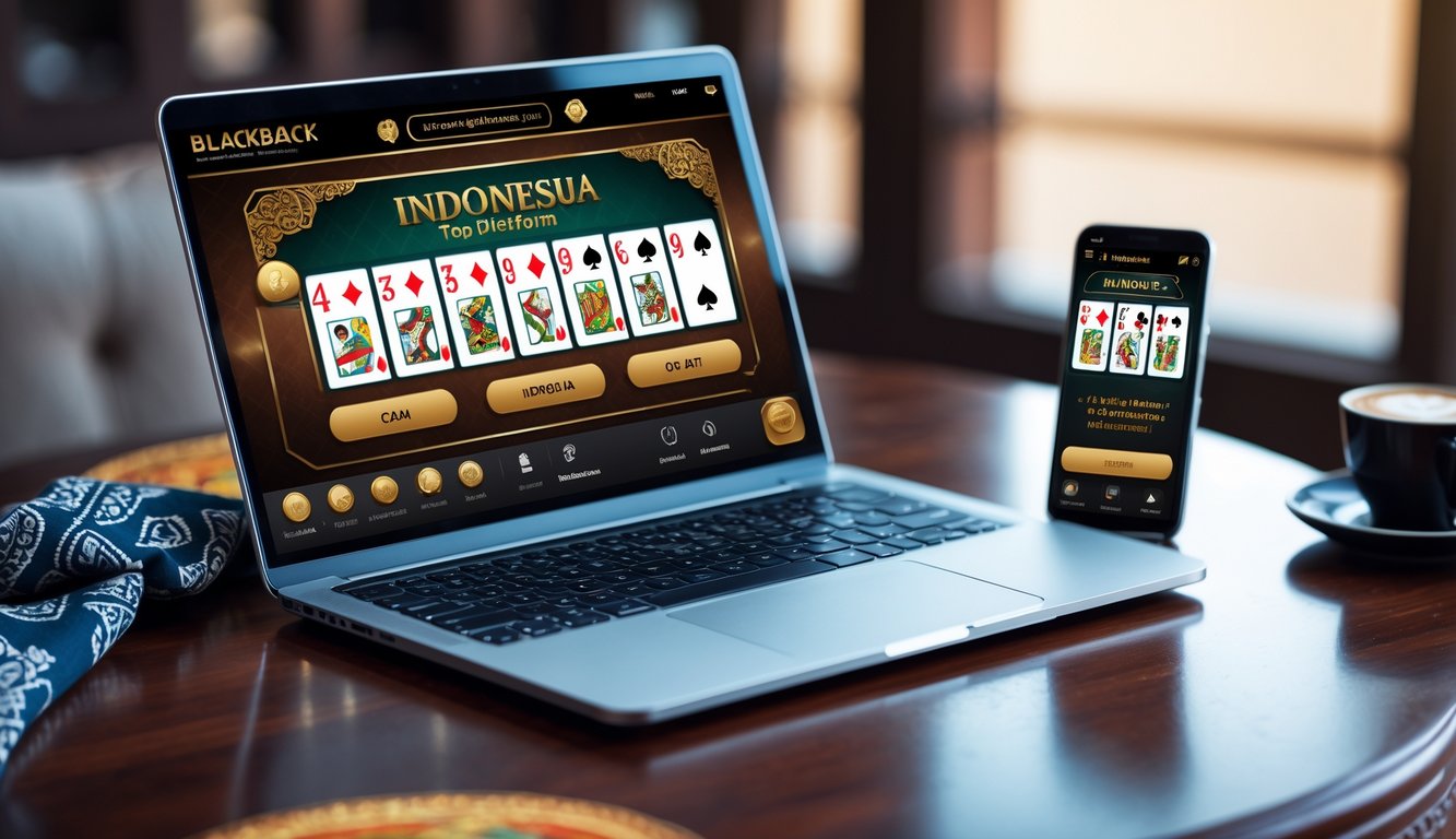 Sebuah laptop dan ponsel menampilkan permainan blackjack online dengan elemen budaya Indonesia di atas meja kayu.