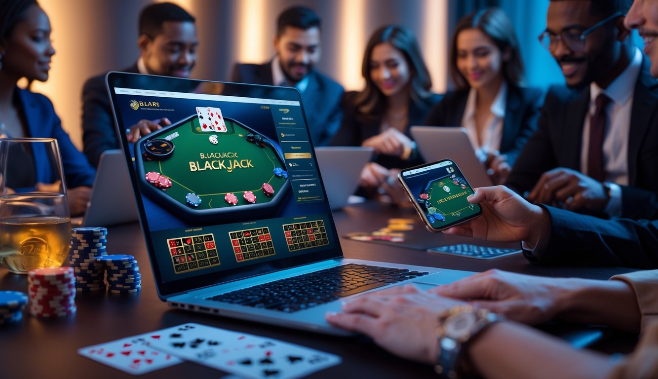 Orang-orang sedang bermain blackjack online menggunakan laptop dan ponsel di ruangan yang modern dan terang.