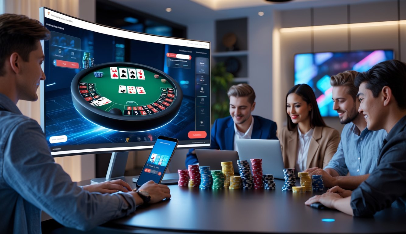 Beberapa orang muda bermain blackjack online di meja digital dengan komputer dan ponsel di ruangan modern.