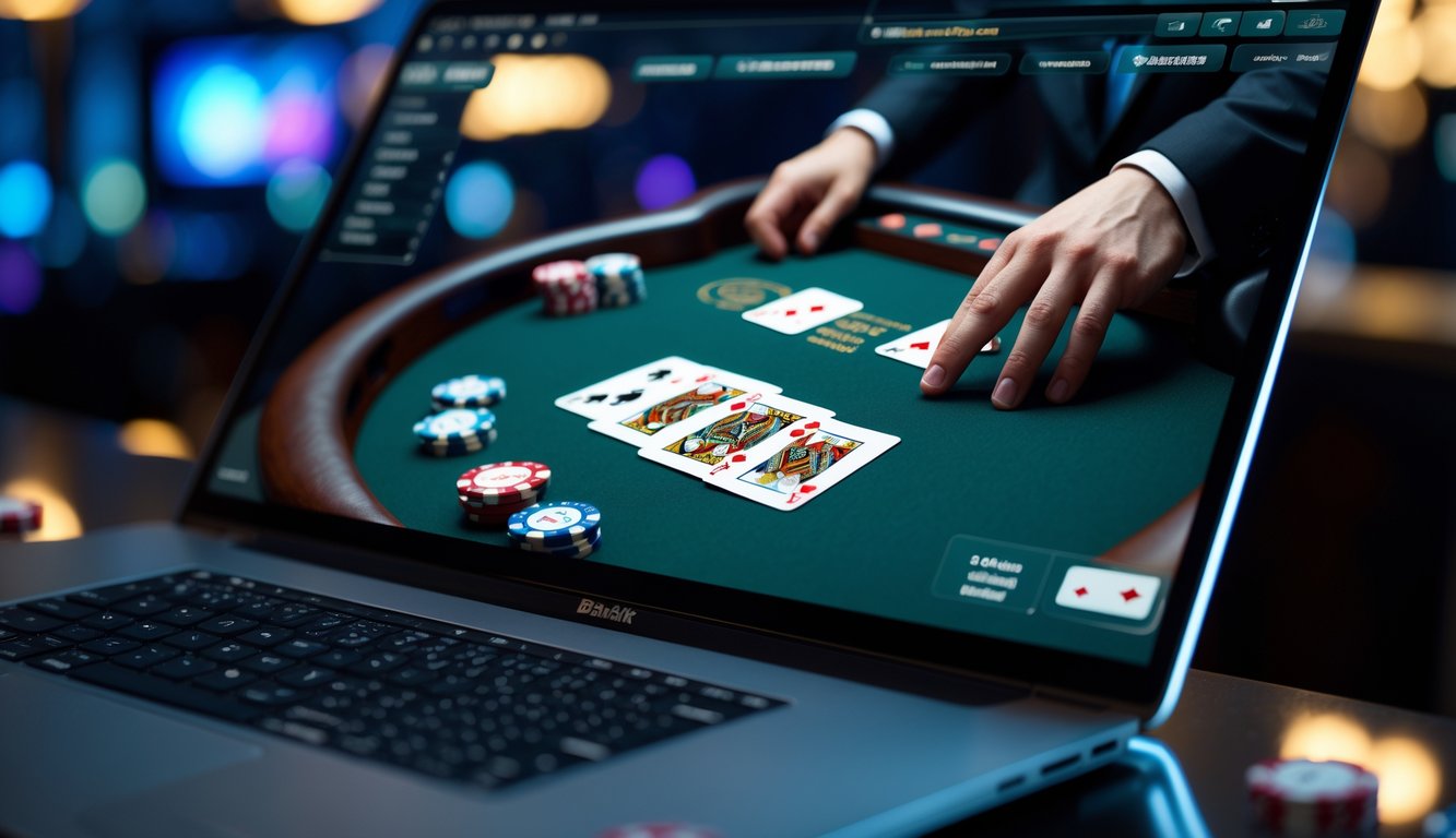 Sebuah layar komputer menunjukkan permainan blackjack online dengan kartu dan chip di meja permainan.