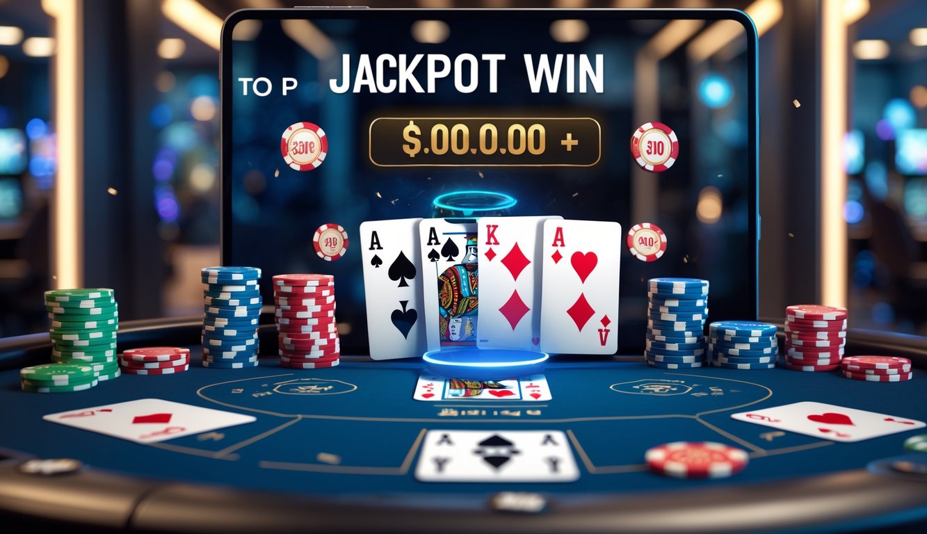 Tampilan meja blackjack online dengan kartu, tumpukan chip, dan meter jackpot besar di latar belakang gelap.