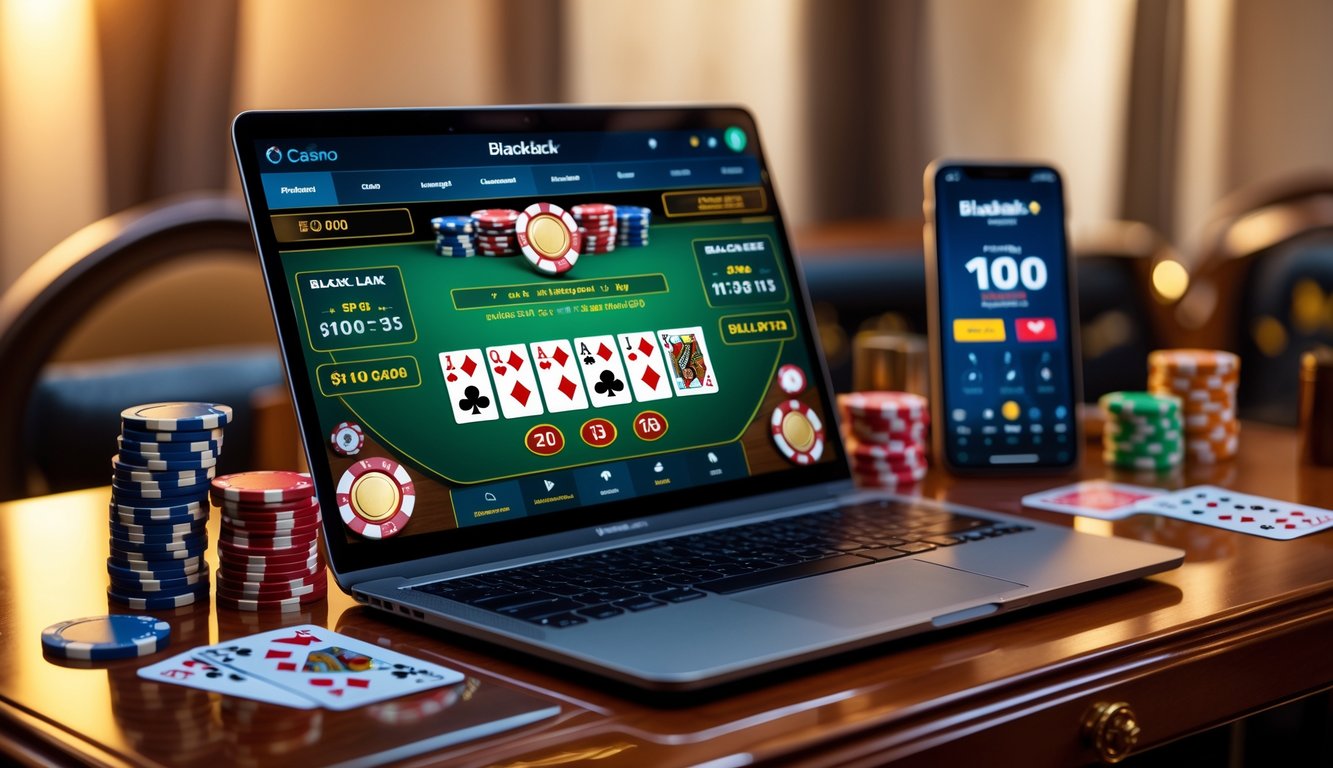 Sebuah laptop di atas meja kayu menampilkan permainan blackjack online dengan kartu dan chip poker di sekitarnya.