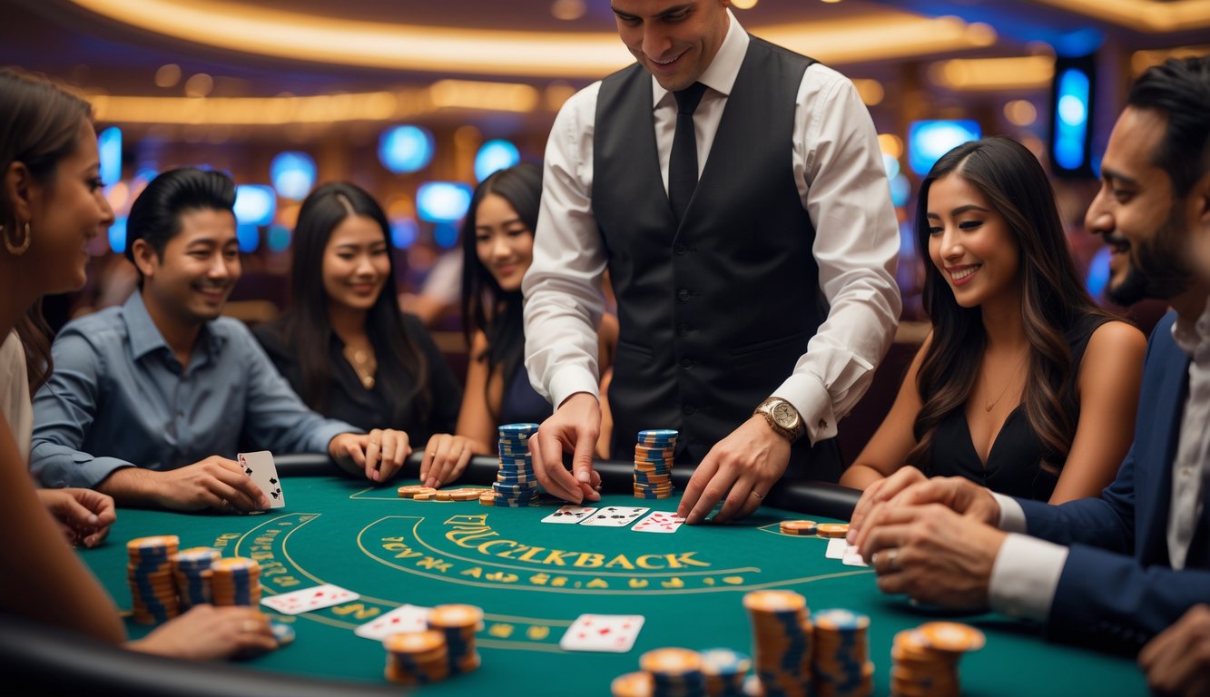 Meja blackjack dengan dealer dan beberapa pemain sedang bermain di kasino.