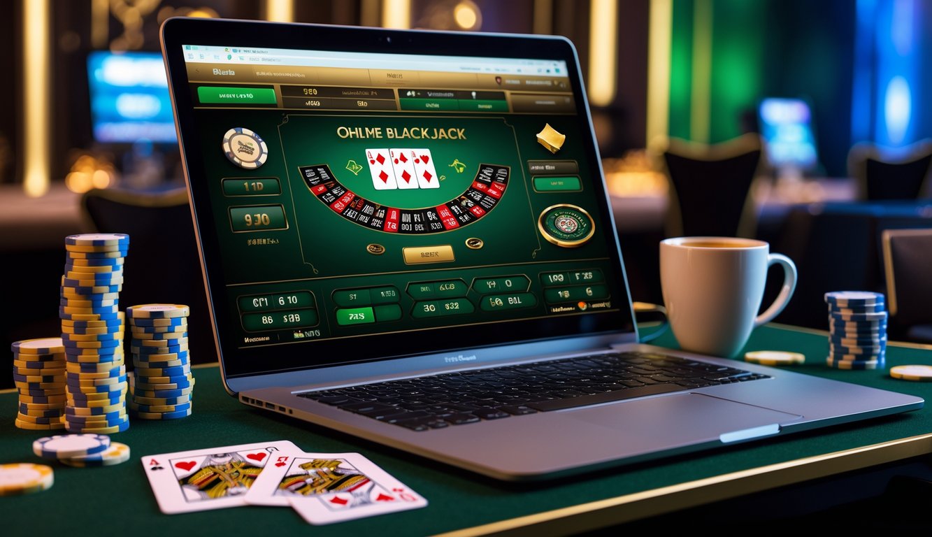 Sebuah meja dengan komputer menampilkan permainan blackjack online dan tumpukan chip poker di sekitarnya.