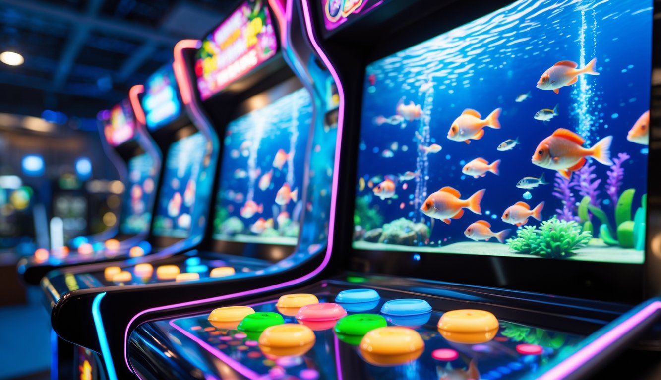 Mesin permainan tembak ikan elektronik dengan layar berwarna cerah dan tombol menyala di dalam ruangan permainan.