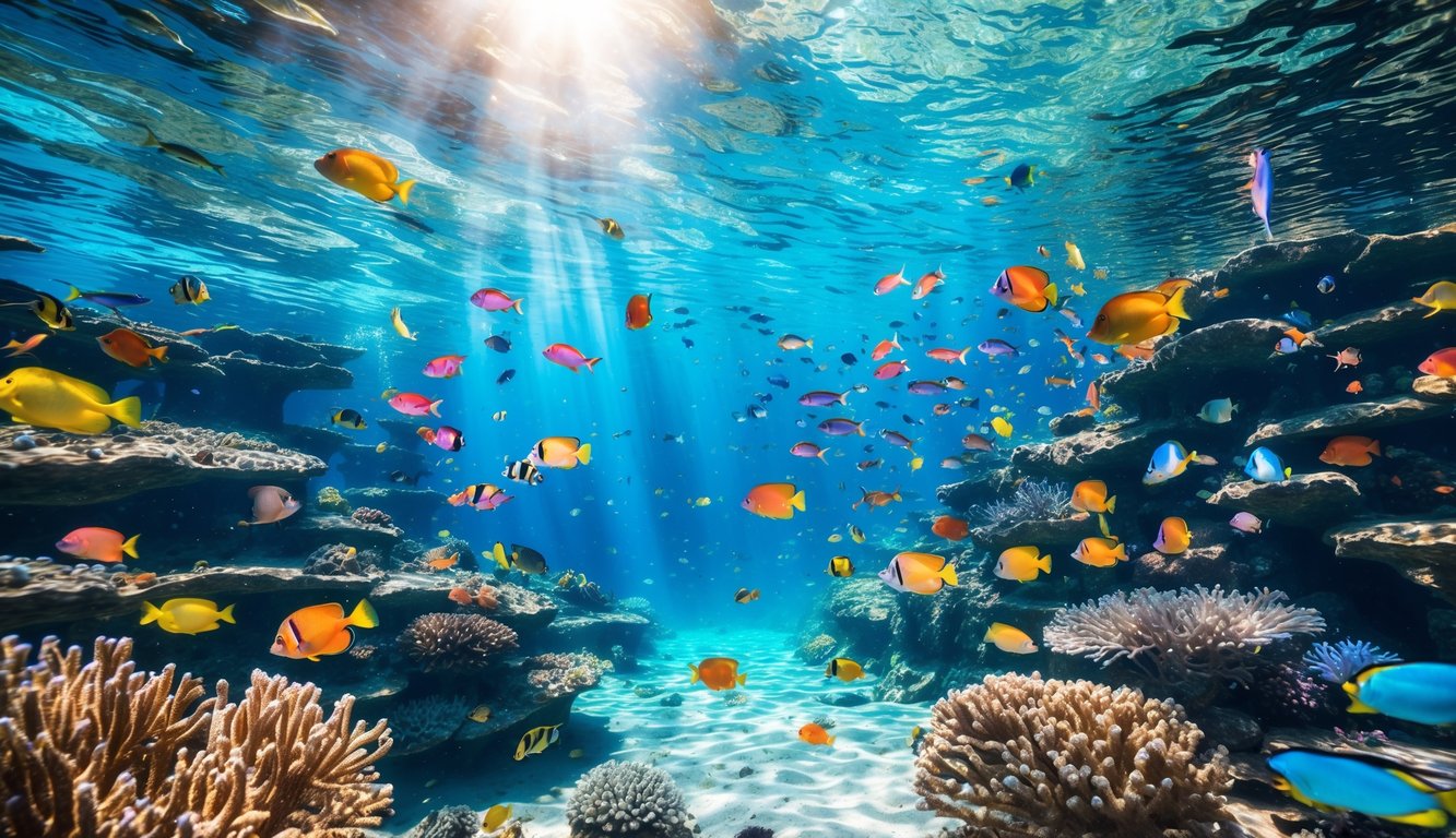 Pemandangan bawah laut dengan terumbu karang berwarna-warni dan ikan tropis yang berenang di air jernih.