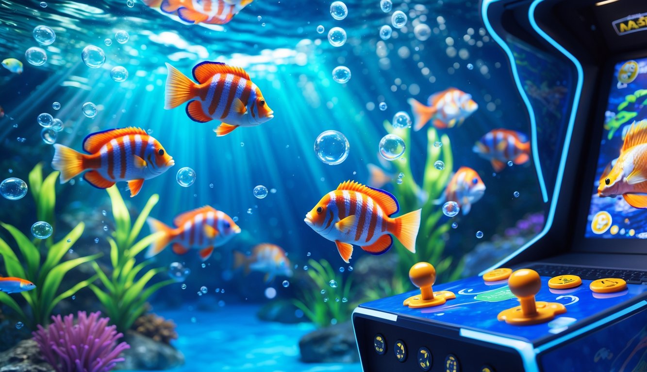 Adegan bawah air dengan ikan tropis berwarna-warni dan mesin permainan arkade tembak ikan yang modern.