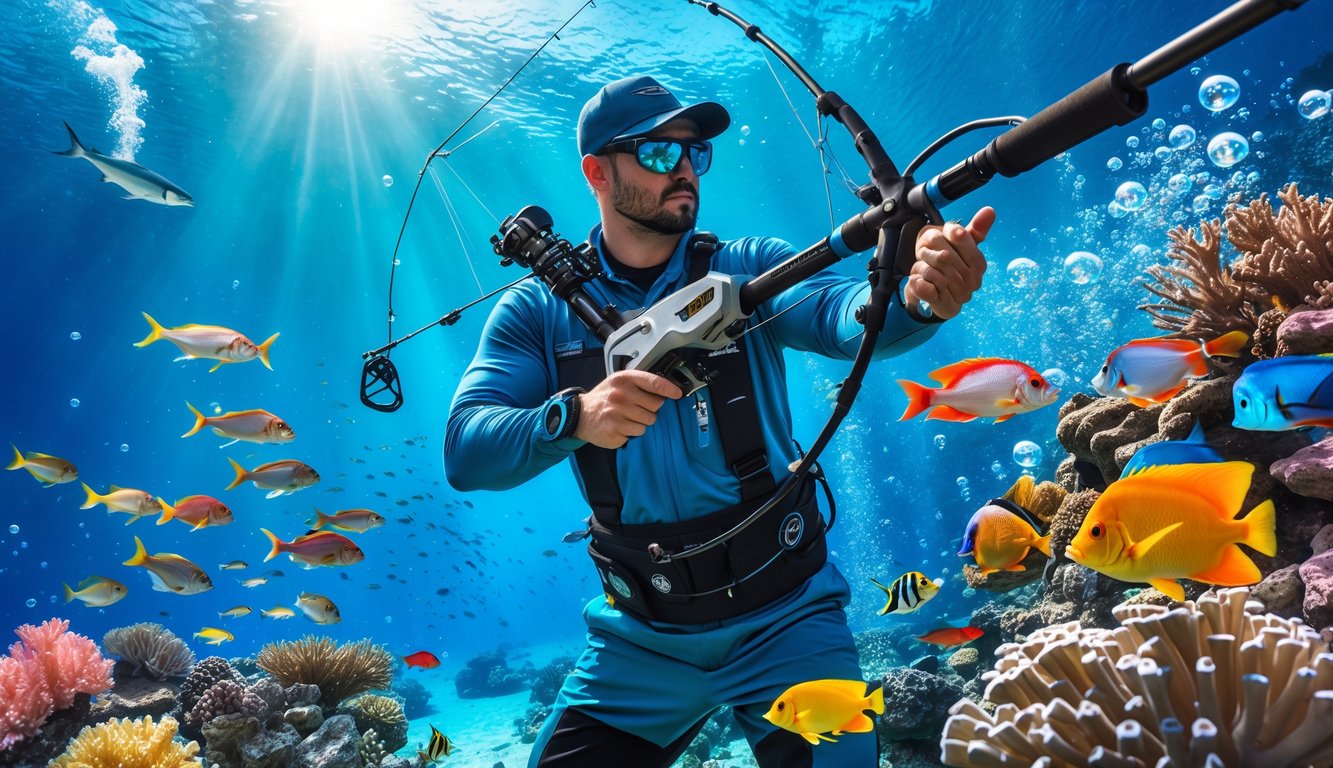Seorang pemancing profesional menggunakan alat tembak ikan modern di bawah air dengan berbagai ikan berwarna-warni dan terumbu karang di sekitarnya.