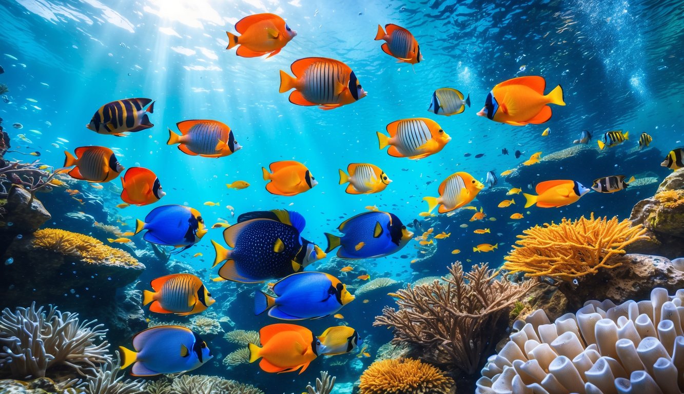 Pemandangan bawah laut dengan berbagai ikan tropis berwarna-warni berenang di antara terumbu karang dan tanaman air.