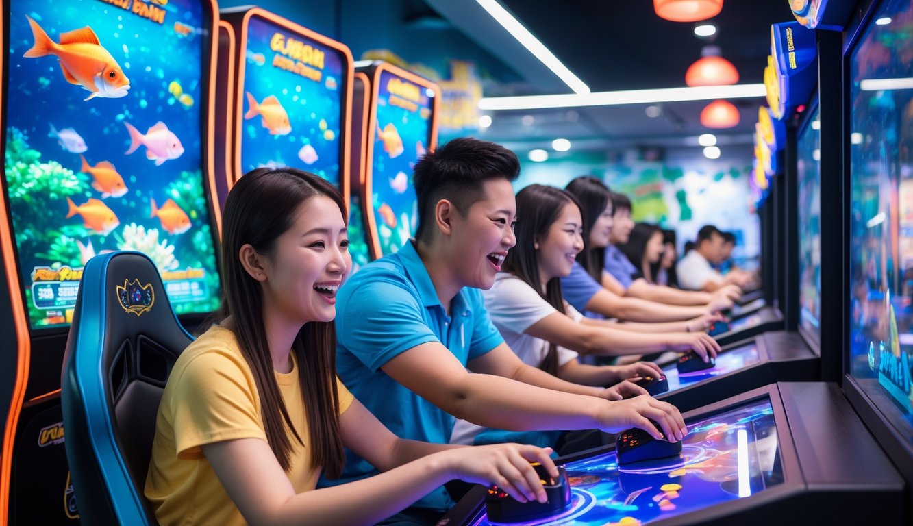 Beberapa orang sedang bermain mesin permainan tembak ikan di sebuah arcade dengan suasana cerah dan penuh semangat.