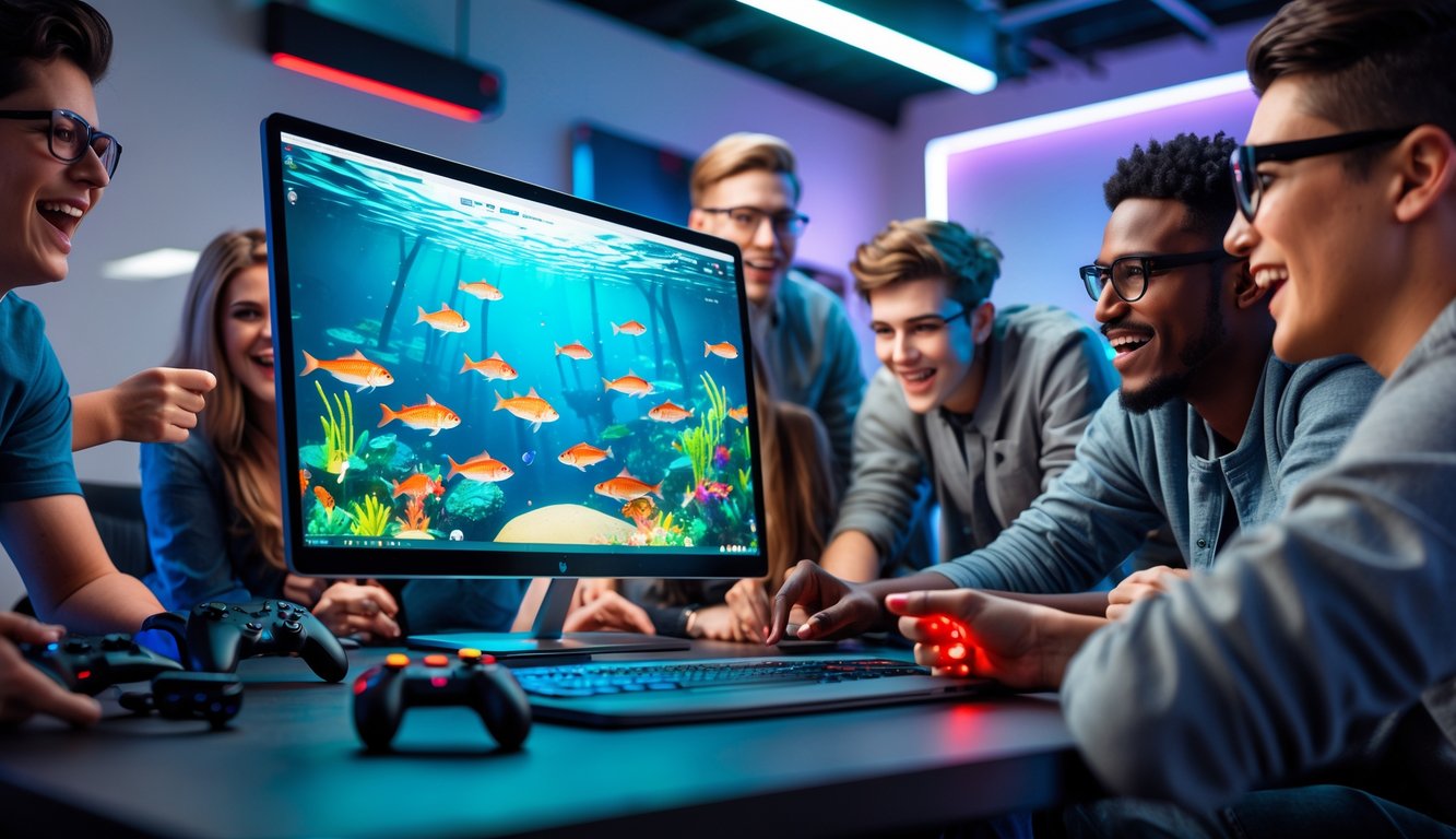 Sekelompok orang muda sedang bermain game memancing di komputer dengan latar bawah laut berwarna-warni.