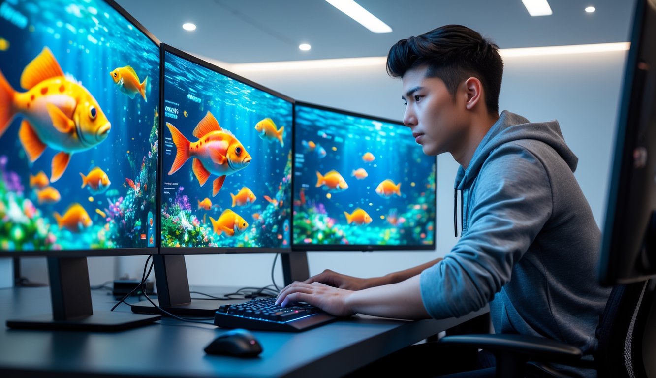 Seseorang sedang bermain game tembak ikan dengan layar komputer yang menampilkan ikan berwarna-warni di dalam air.