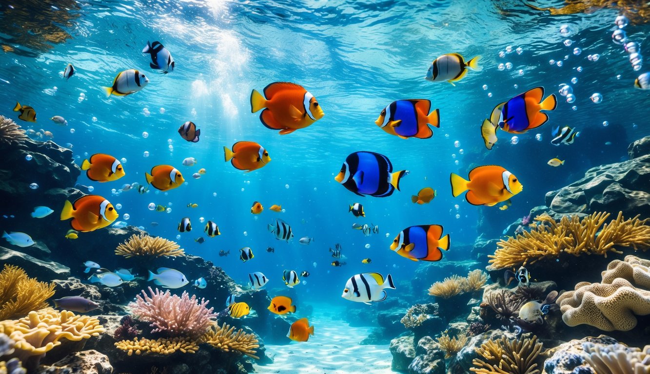 Pemandangan bawah laut dengan berbagai ikan tropis berwarna-warni berenang di sekitar terumbu karang.