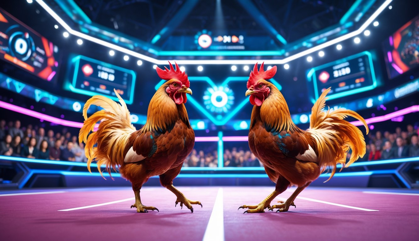 Dua ayam aduan sedang bertarung di arena digital modern dengan kerumunan penonton di latar belakang.