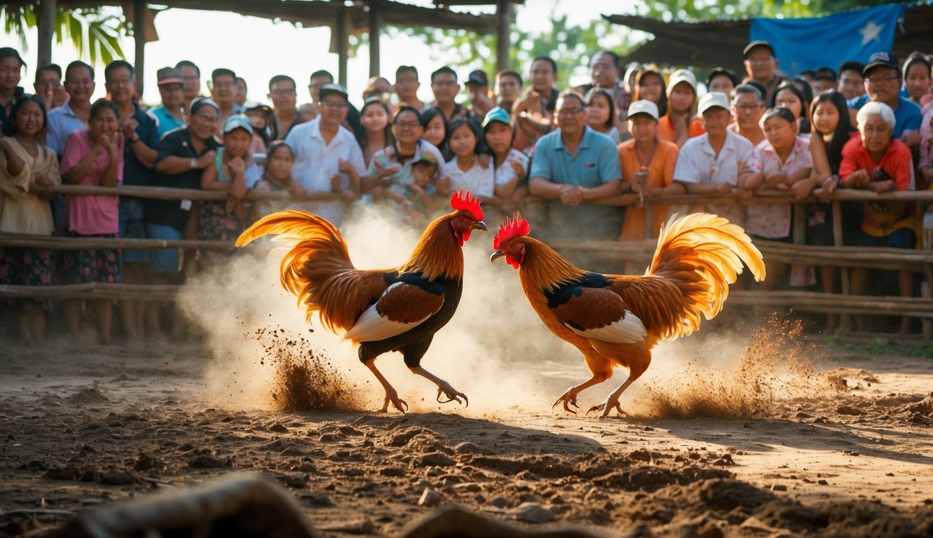 Arena sabung ayam yang ramai dengan dua ayam jago sedang bertarung di tengah, dikelilingi oleh penonton yang antusias.
