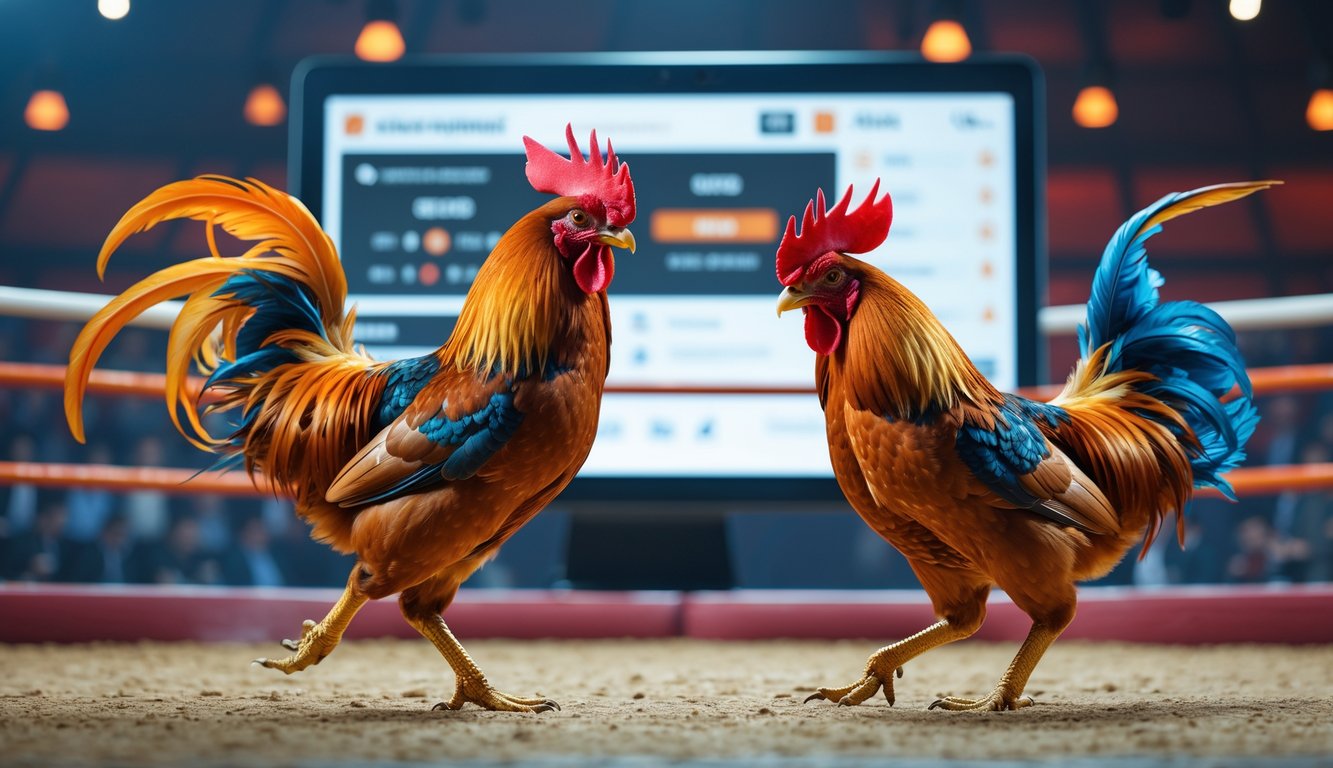 Dua ayam jago sedang bertarung di arena dengan latar belakang layar perangkat digital yang menampilkan pertandingan secara online.