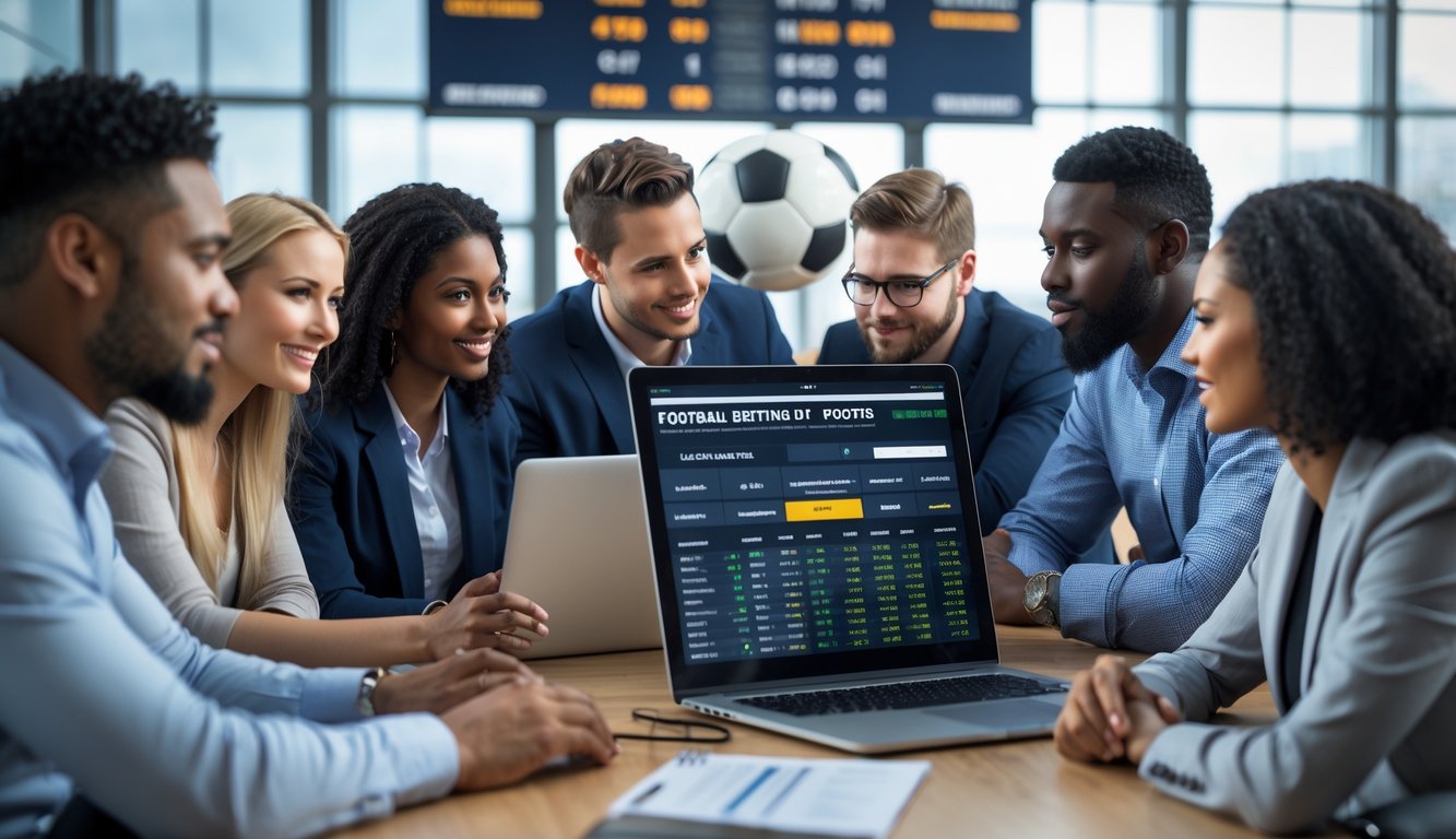 Sekelompok orang sedang berdiskusi dan melihat layar digital dengan informasi taruhan sepak bola di sebuah kantor modern.