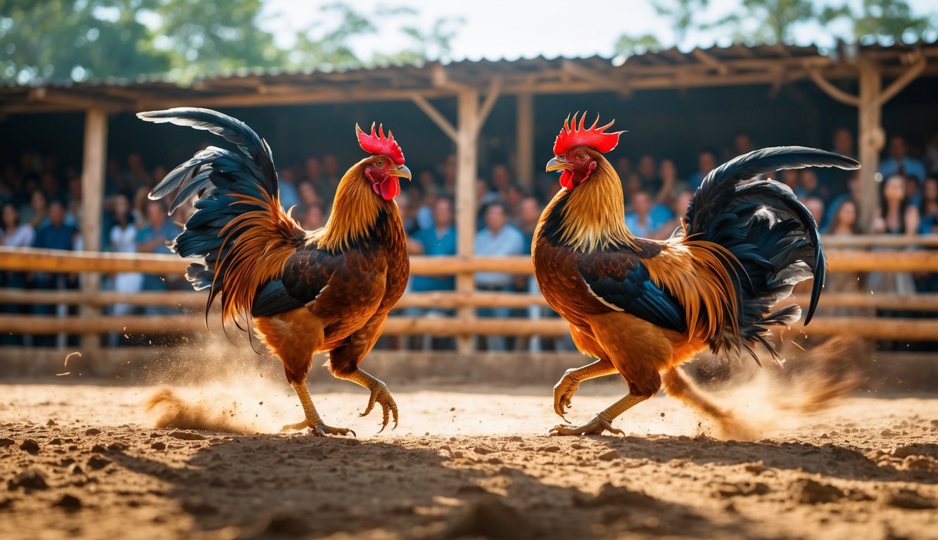Dua ayam bertarung di arena terbuka dengan penonton yang memperhatikan di latar belakang.