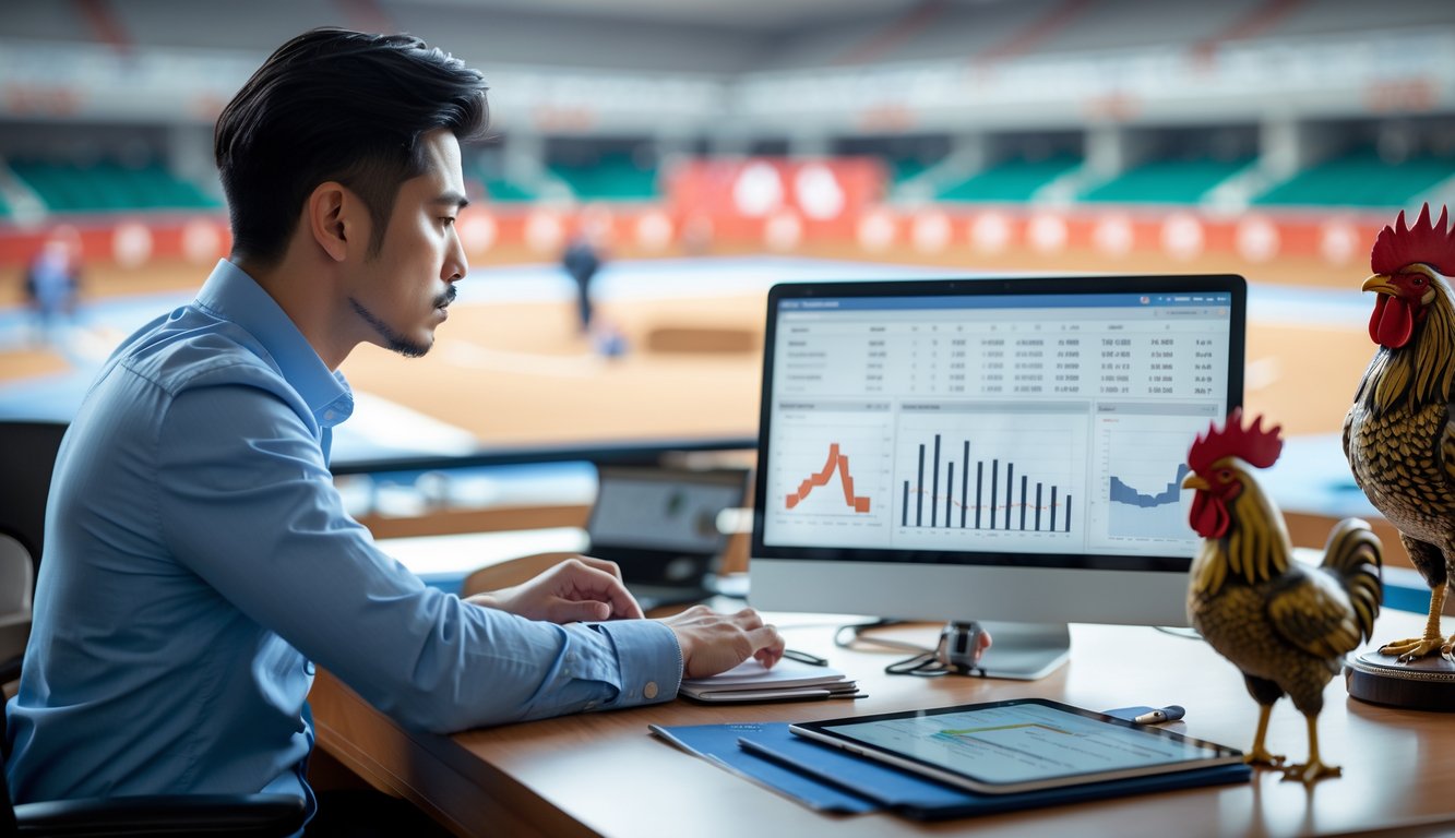 Seorang pria serius sedang menganalisis data laga sabung ayam di depan komputer di ruang kerja modern.
