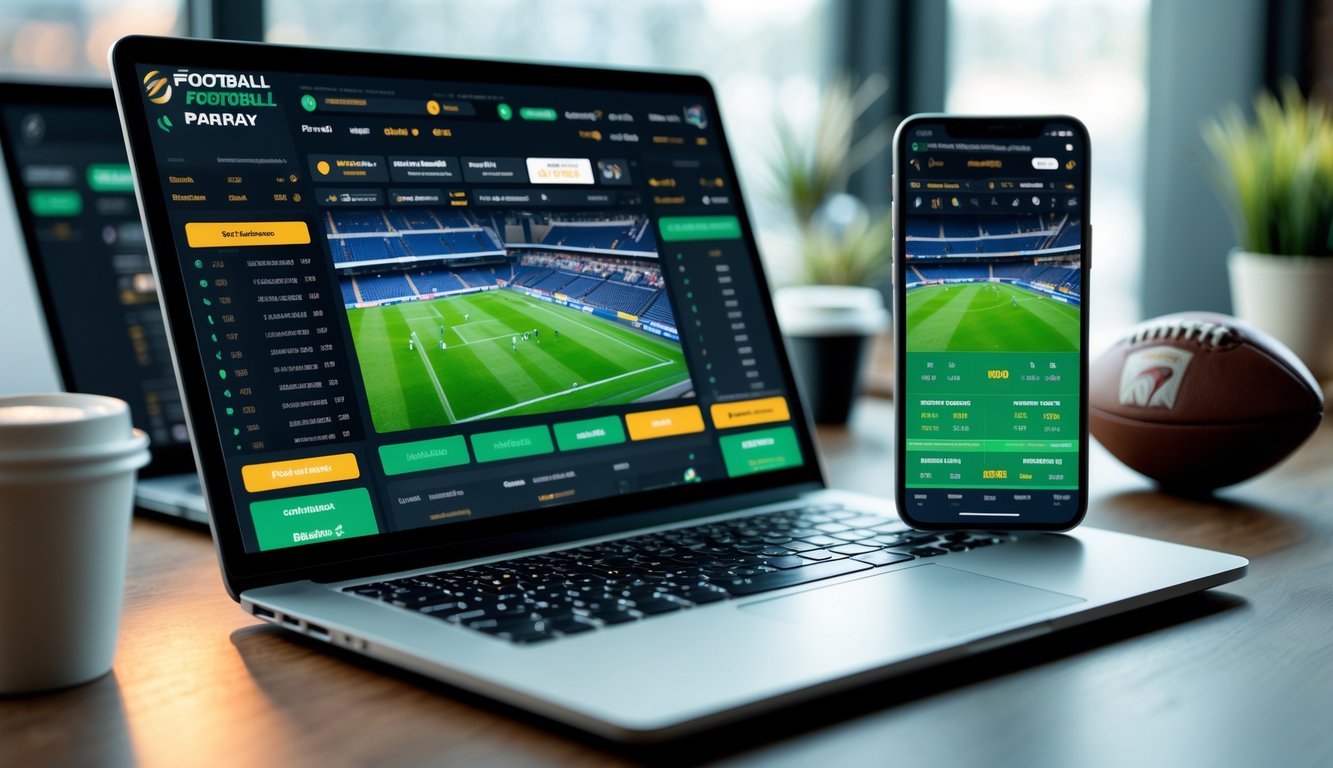 Seorang pria menggunakan laptop dan ponsel untuk memasang taruhan sepak bola online di sebuah meja kerja modern dengan bola dan jersey sepak bola di dekatnya.