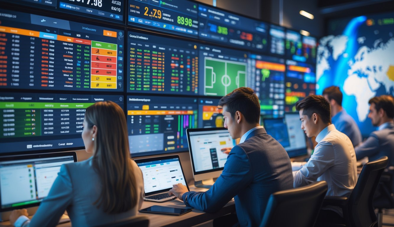 Orang-orang muda sedang menggunakan komputer dan perangkat digital untuk melihat pilihan taruhan olahraga online yang terbaru.