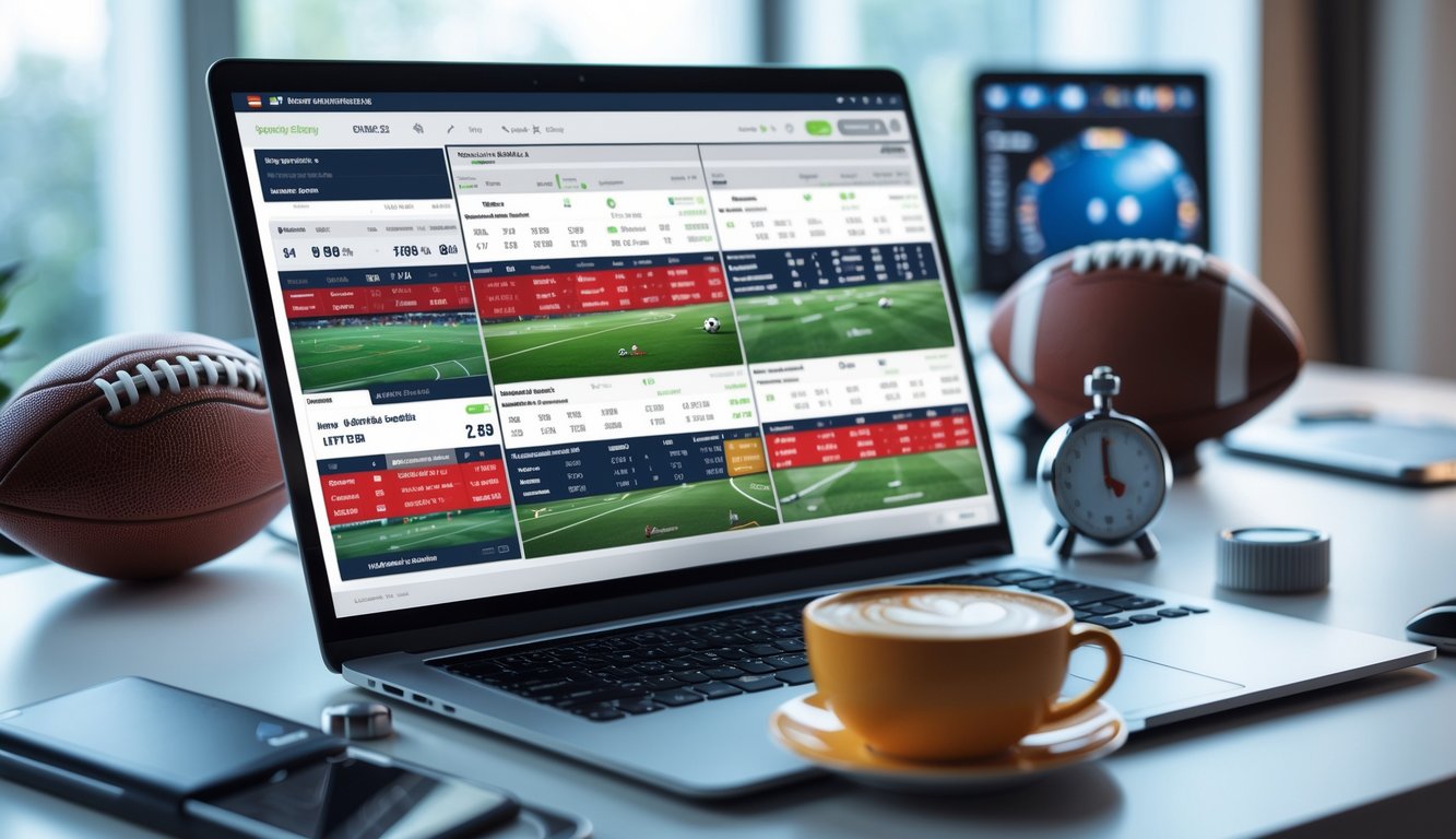 Seorang pengguna melihat jadwal pertandingan sepak bola dan data statistik akurat di layar komputer di meja kerja yang rapi.