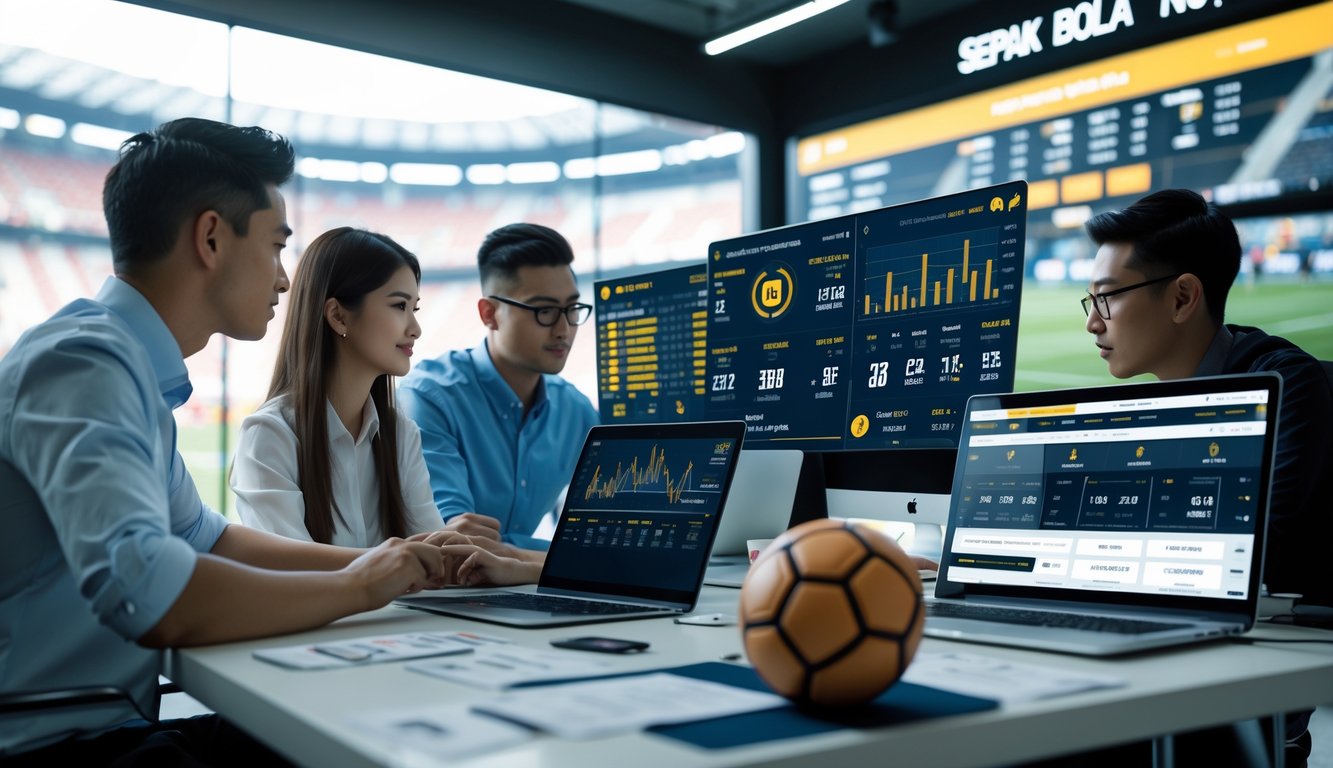 Sekelompok orang sedang menganalisis statistik dan peluang taruhan sepak bola di layar digital dalam ruangan yang terang dan profesional.