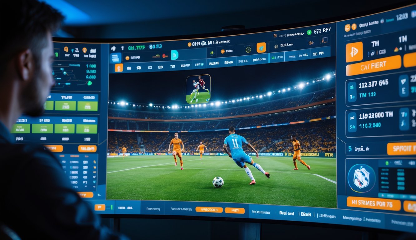 Seorang penonton fokus menonton pertandingan sepak bola secara langsung di layar besar dengan tampilan interaktif dan statistik pertandingan.