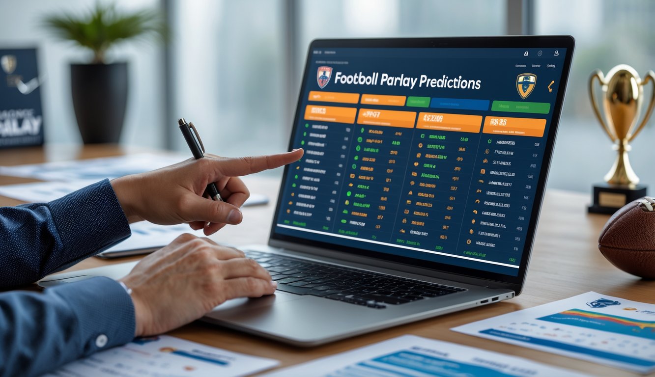 Meja kerja dengan laptop yang menampilkan statistik pertandingan sepak bola dan tangan seseorang menunjuk layar laptop, dikelilingi oleh kertas dengan jadwal dan logo tim sepak bola.