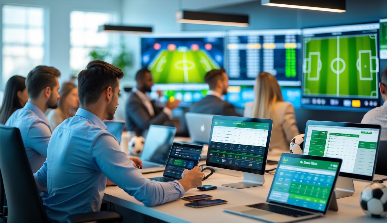 Orang-orang di kantor modern sedang menganalisis statistik dan skor pertandingan sepak bola untuk taruhan parlay.