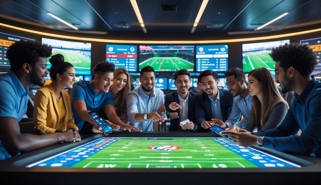 Sekelompok orang muda berkumpul di sekitar meja layar sentuh besar yang menampilkan data taruhan sepak bola, dengan layar besar di latar belakang menunjukkan pertandingan sepak bola secara langsung.