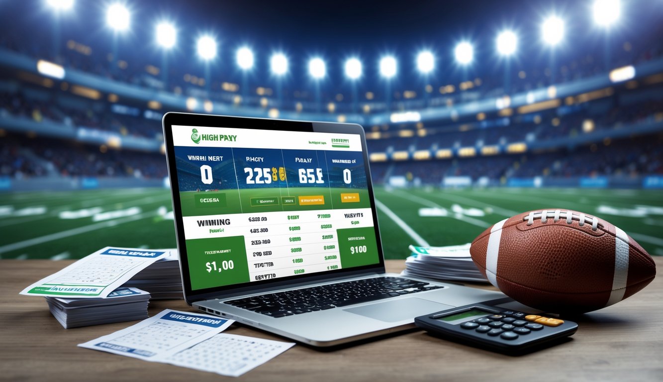 Meja kerja dengan laptop yang menampilkan situs taruhan sepak bola, bola sepak, slip taruhan, dan kalkulator, dengan latar belakang stadion sepak bola yang penuh penonton.