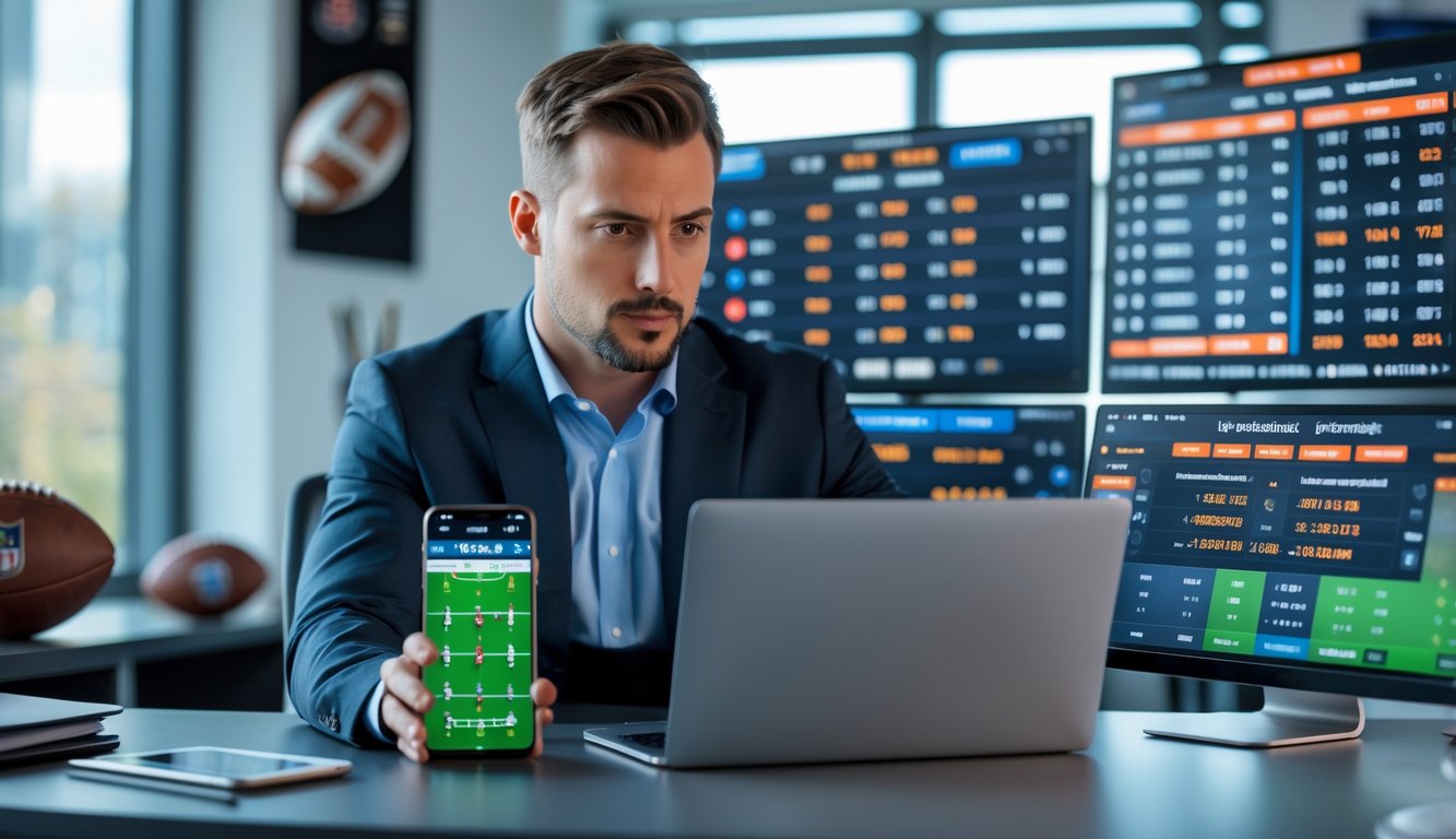 Seorang pria fokus menganalisis data pertandingan sepak bola di layar digital di dalam kantor modern.