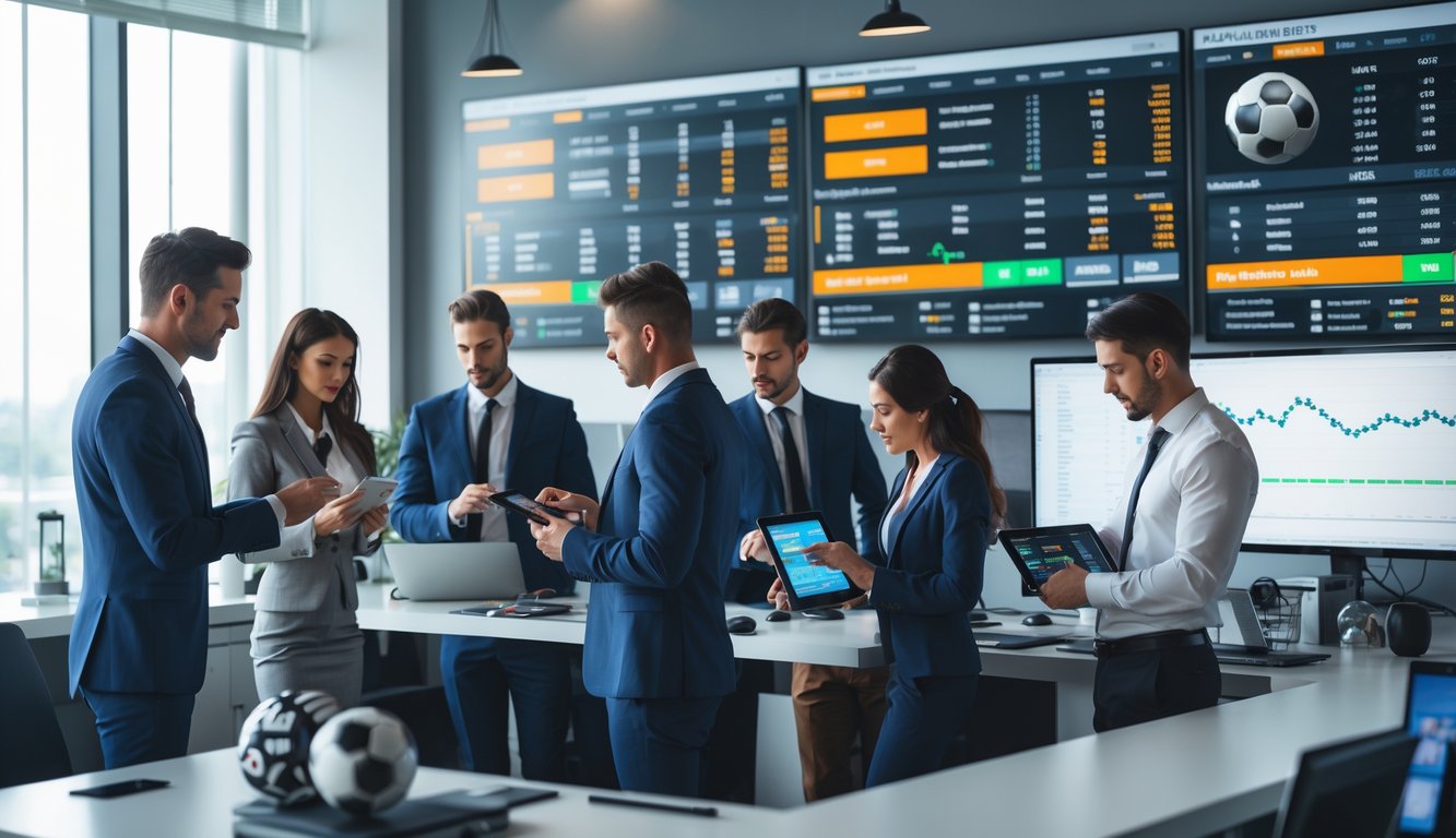 Suasana kantor agen taruhan sepak bola dengan beberapa orang sedang melihat layar besar yang menampilkan pertandingan sepak bola dan data taruhan.