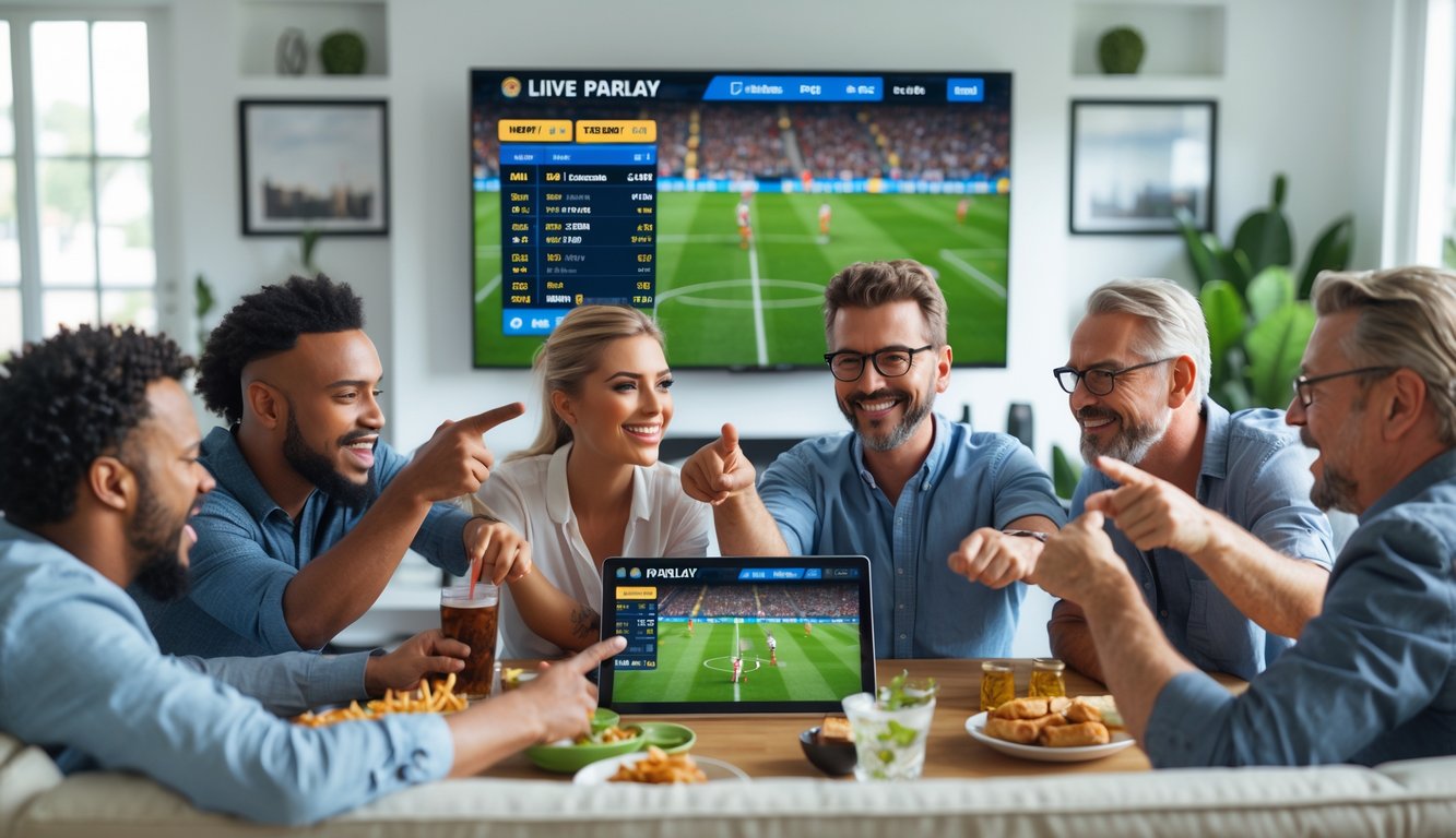 Sekelompok orang sedang menonton pertandingan sepak bola sambil berdiskusi dan melihat statistik di perangkat digital.