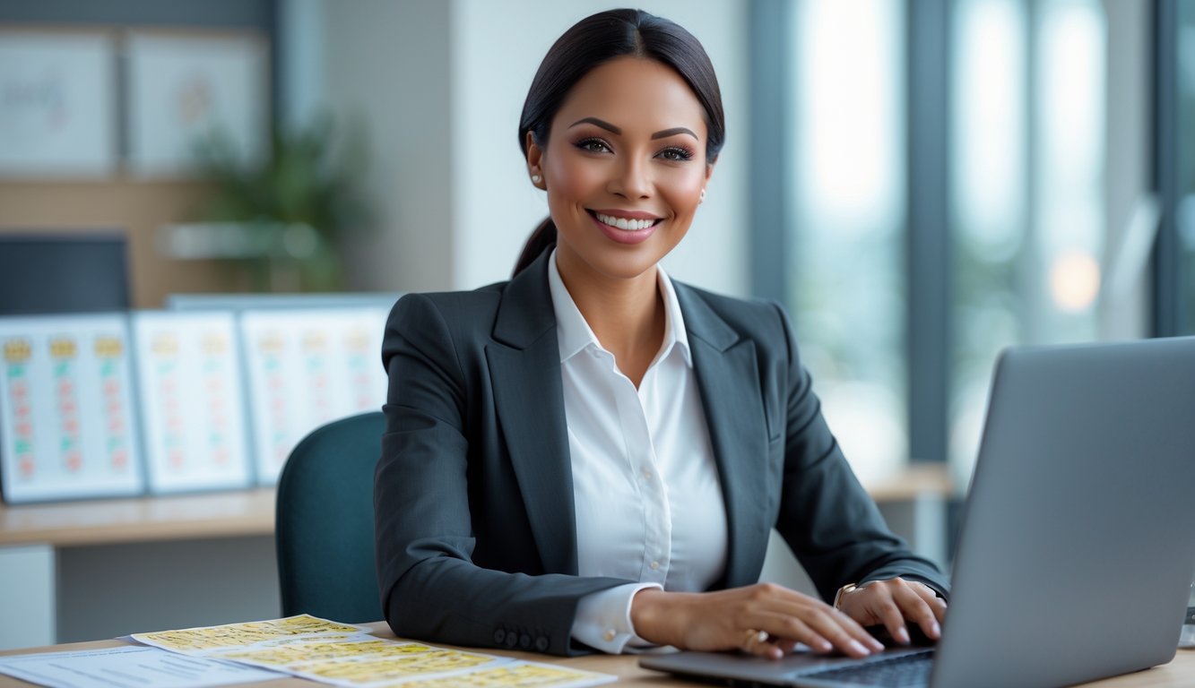 Seorang agen togel yang percaya diri duduk di meja kantor dengan laptop dan tiket togel, tersenyum ramah.