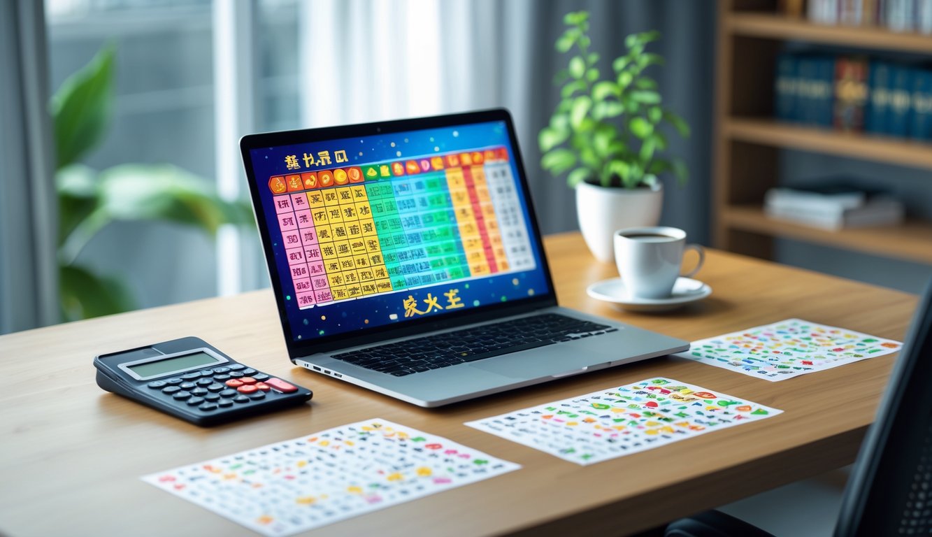 Meja kerja dengan laptop, kertas berisi data dan simbol shio, kalkulator, dan cangkir kopi di ruangan dengan cahaya alami.