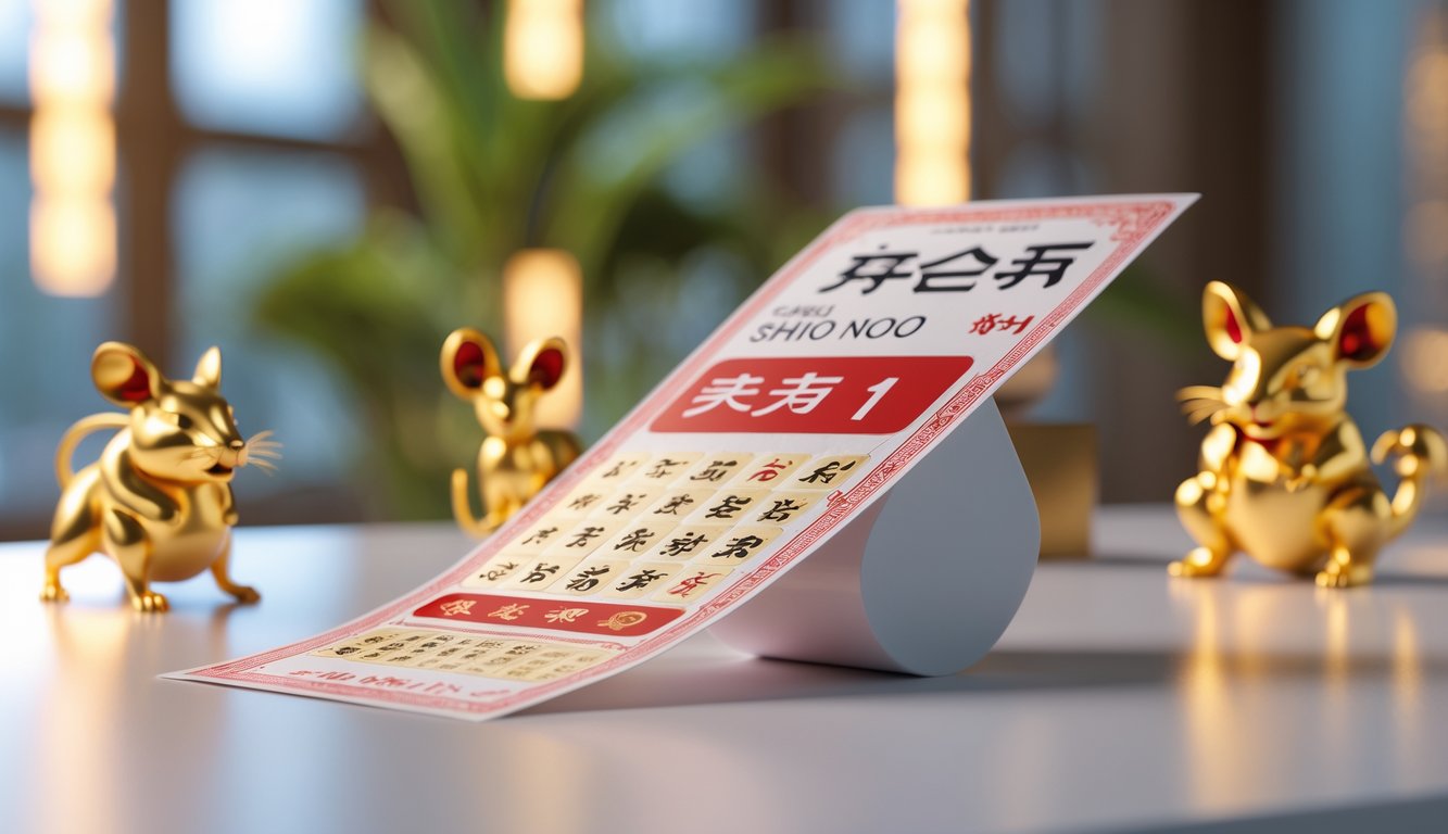 Sebuah tiket lotere modern diletakkan di atas permukaan bersih dengan latar belakang simbol hewan shio yang elegan dan pencahayaan hangat.