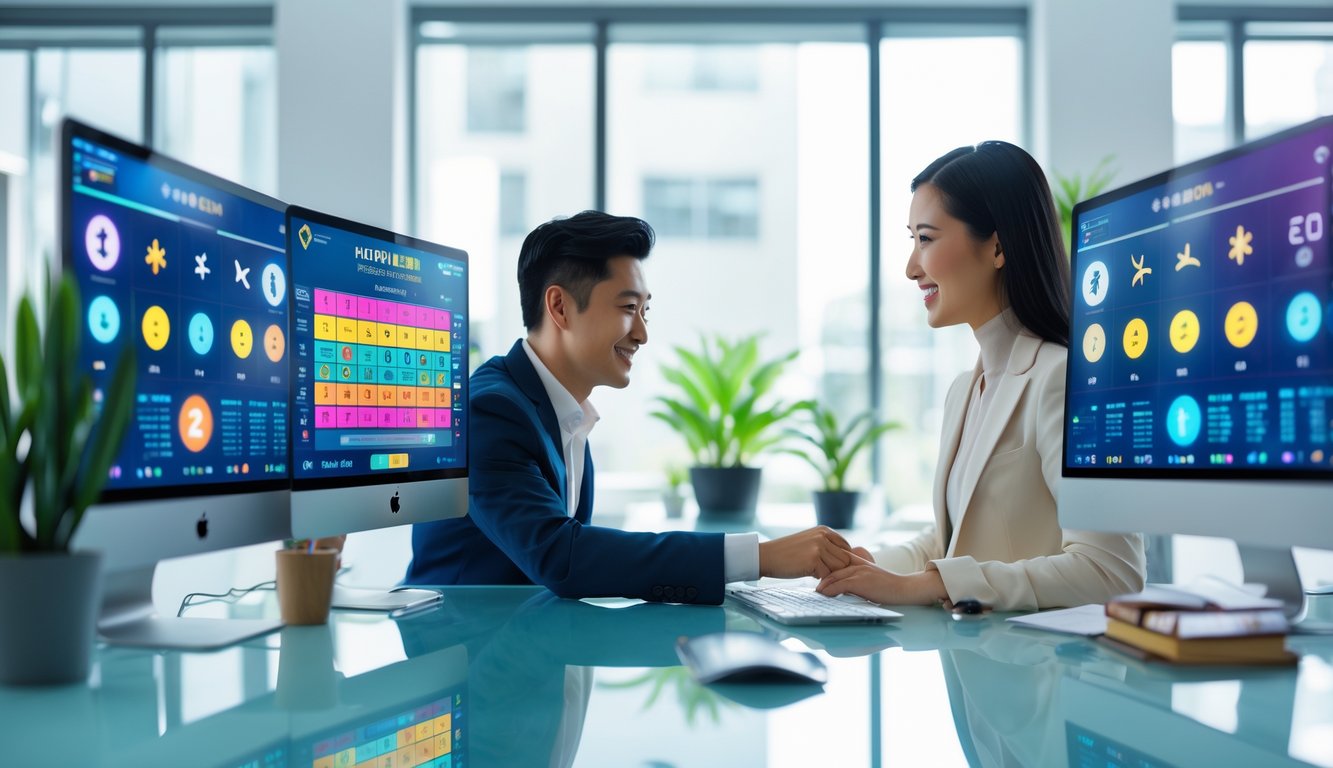 Seorang pria dan wanita muda sedang bekerja bersama di kantor modern dengan layar komputer yang menampilkan grafik dan simbol zodiak.